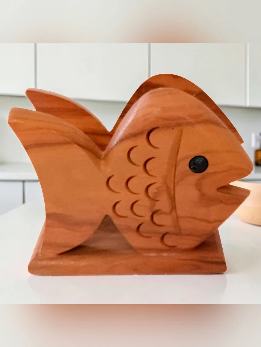 Olive Wood Fish Napkin Holder Carved Coastal Beach Kitchen Mail Desk Organizer